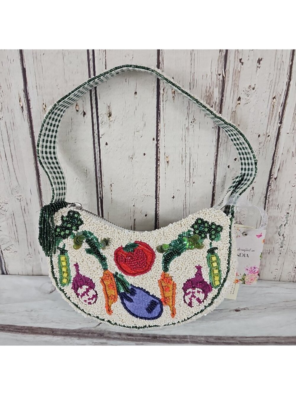 Beaded Bag Veggie Purse Crescent Handcrafted Viral Tik Tok Gingham Strap India